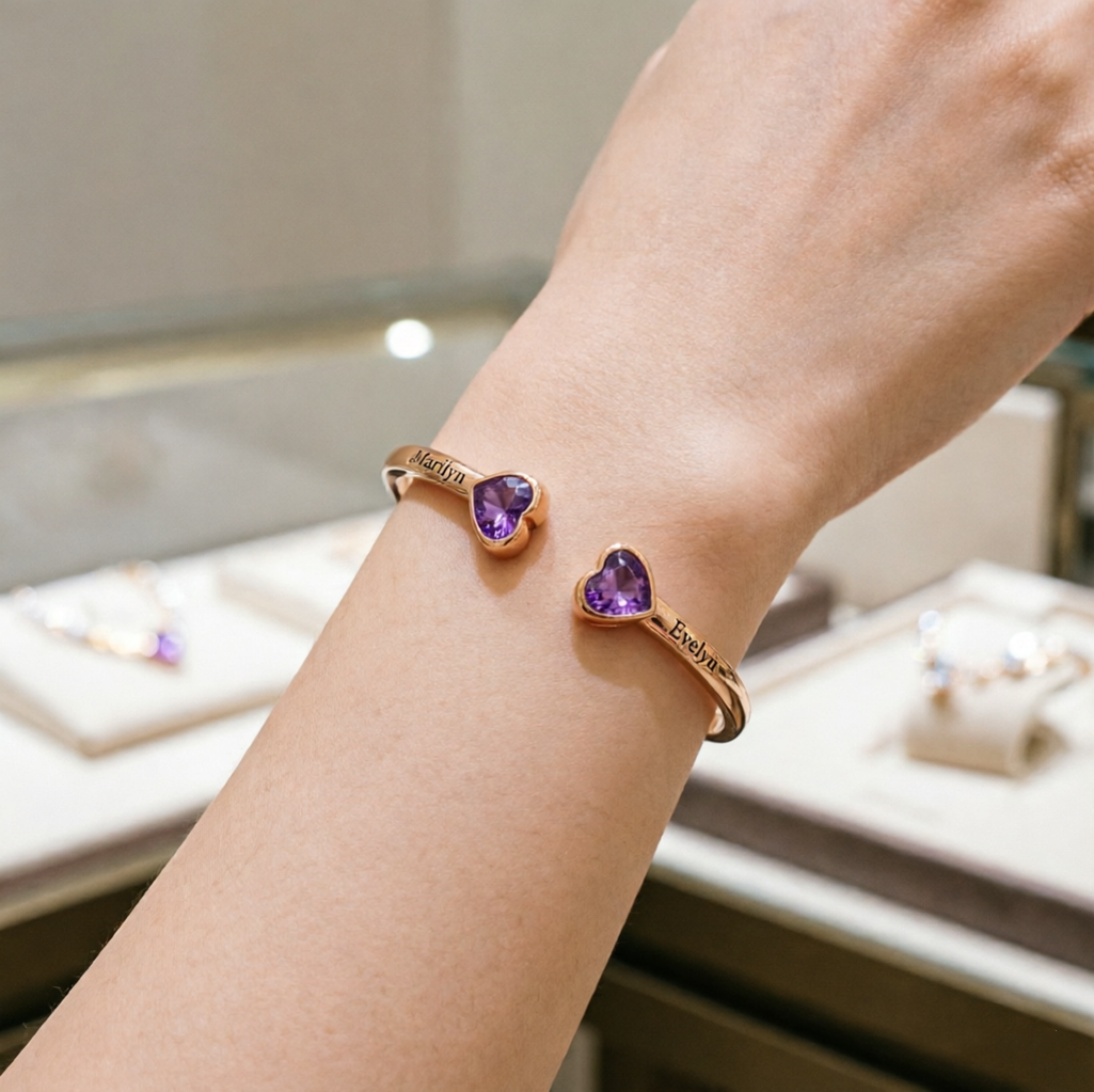 Mother And Daughter Double Heart Custom Birthstone&Name Bracelet