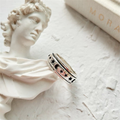 925 Sterling Silver Moon & Stars Spinning Stress Relief Ring