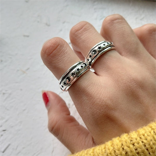 925 Sterling Silver Moon & Stars Spinning Stress Relief Ring