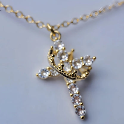 Paved Cross Rotated Crown Necklace