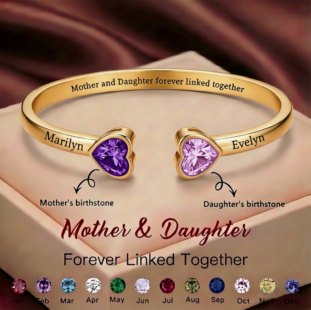 Mother And Daughter Double Heart Custom Birthstone&Name Bracelet