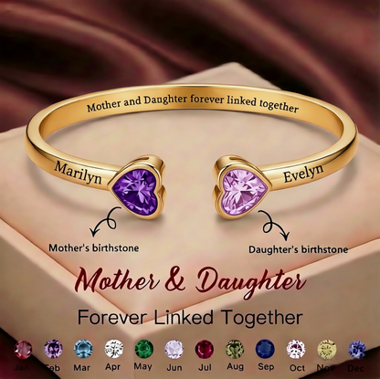 Mother And Daughter Double Heart Custom Birthstone&Name Bracelet