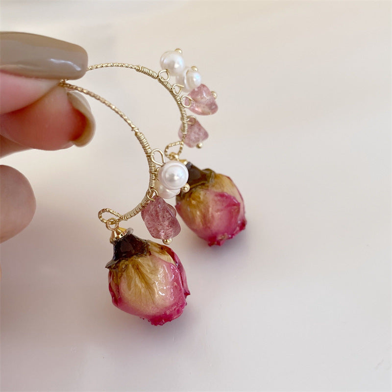 Pearl Dried Rose Flower Earrings