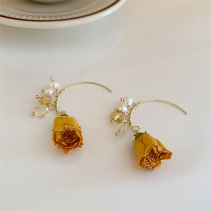 Pearl Dried Rose Flower Earrings