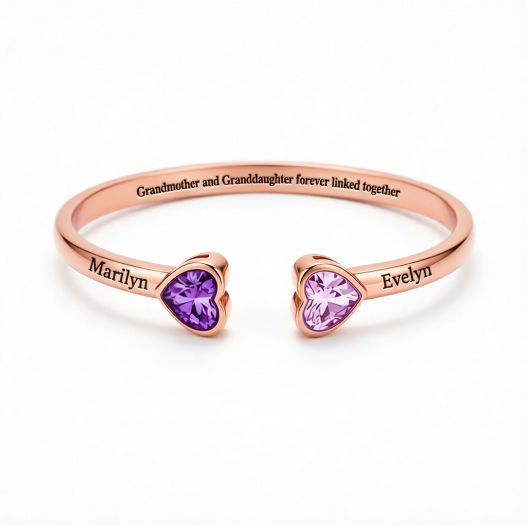Grandmother And Granddaughter Double Heart Custom Birthstone&Name Bracelet