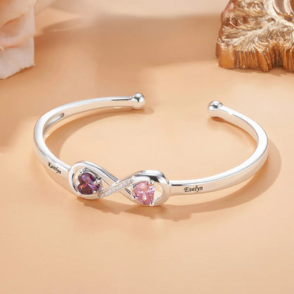 Mother&Daughter Double Heart Custom Birthstones Infinity  Bracelet with Engraved Name