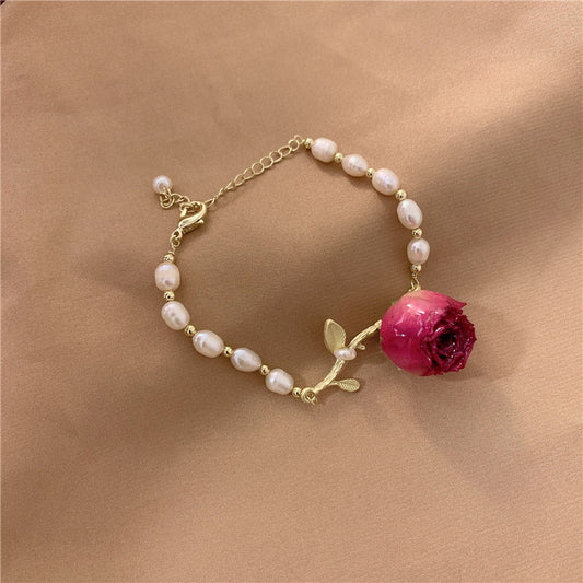 Branch Pearl Dried Rose Flower Bracelet Necklace