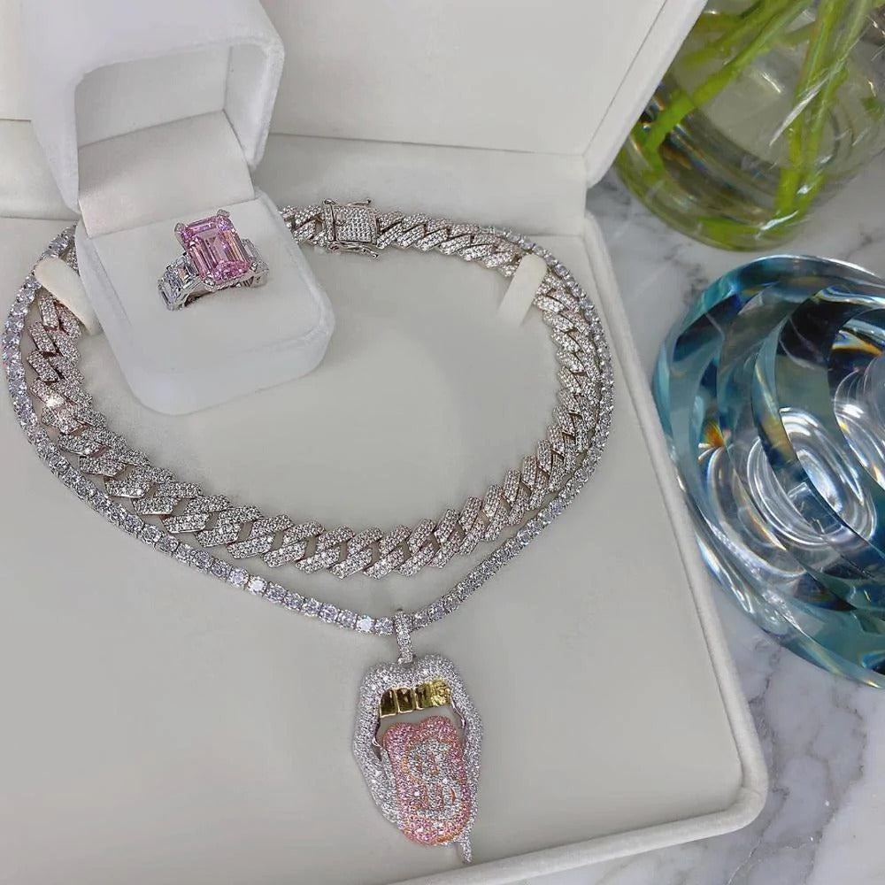 Iced Out Bling CZ Cubic Zirconia Tongue Necklace