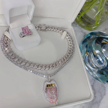 Iced Out Bling CZ Cubic Zirconia Tongue Necklace