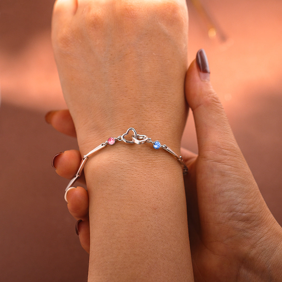 S925 Grandma & Granddaughter Forever Linked Together Birthstone Custom Double Diamond Double Heart Bracelet