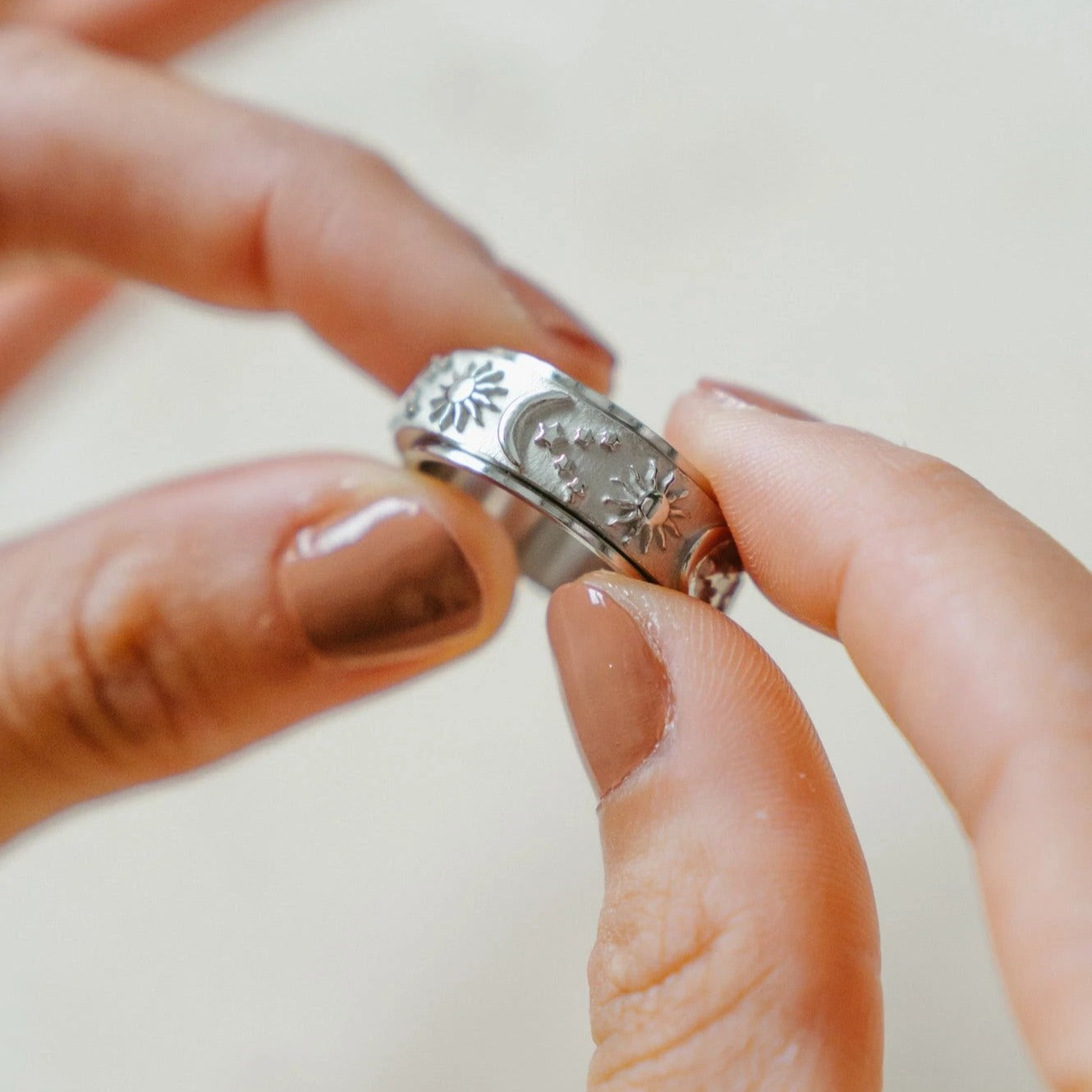 Textured Moon & Stars Spinning Anxiety Ring