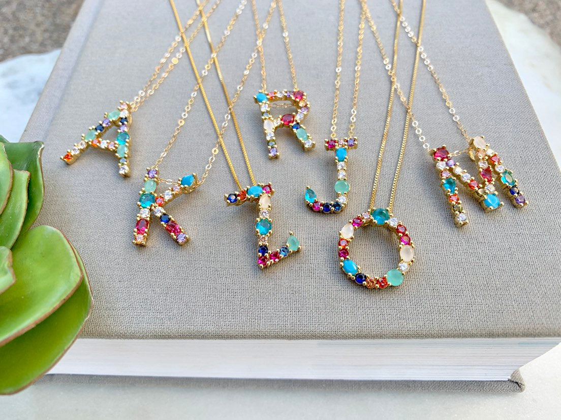 Rainbow Colored Crystal Initial Pendant Necklace