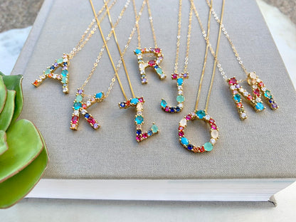 Rainbow Colored Crystal Initial Pendant Necklace