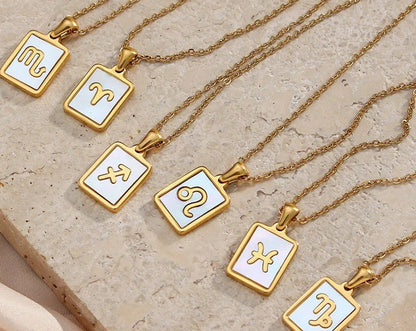 18K Gold Zodiac Necklace, Square Natural Shell Pendant Necklace