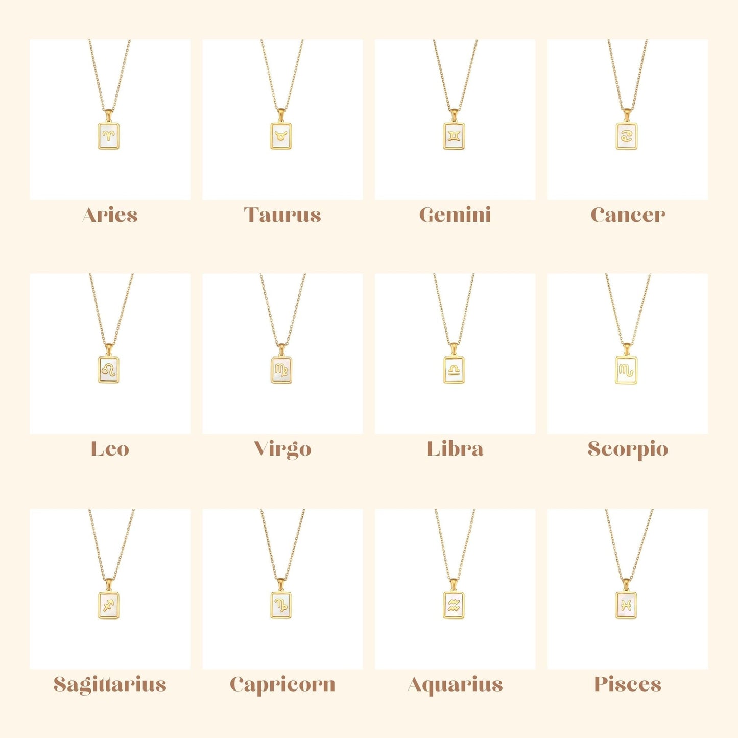 18K Gold Zodiac Necklace, Square Natural Shell Pendant Necklace