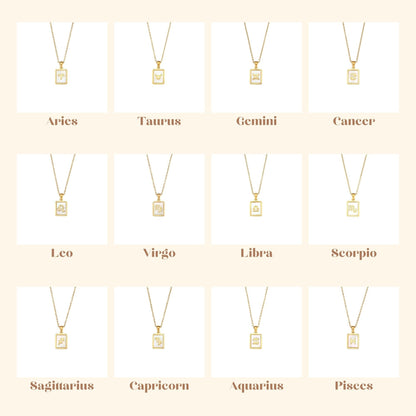 18K Gold Zodiac Necklace, Square Natural Shell Pendant Necklace