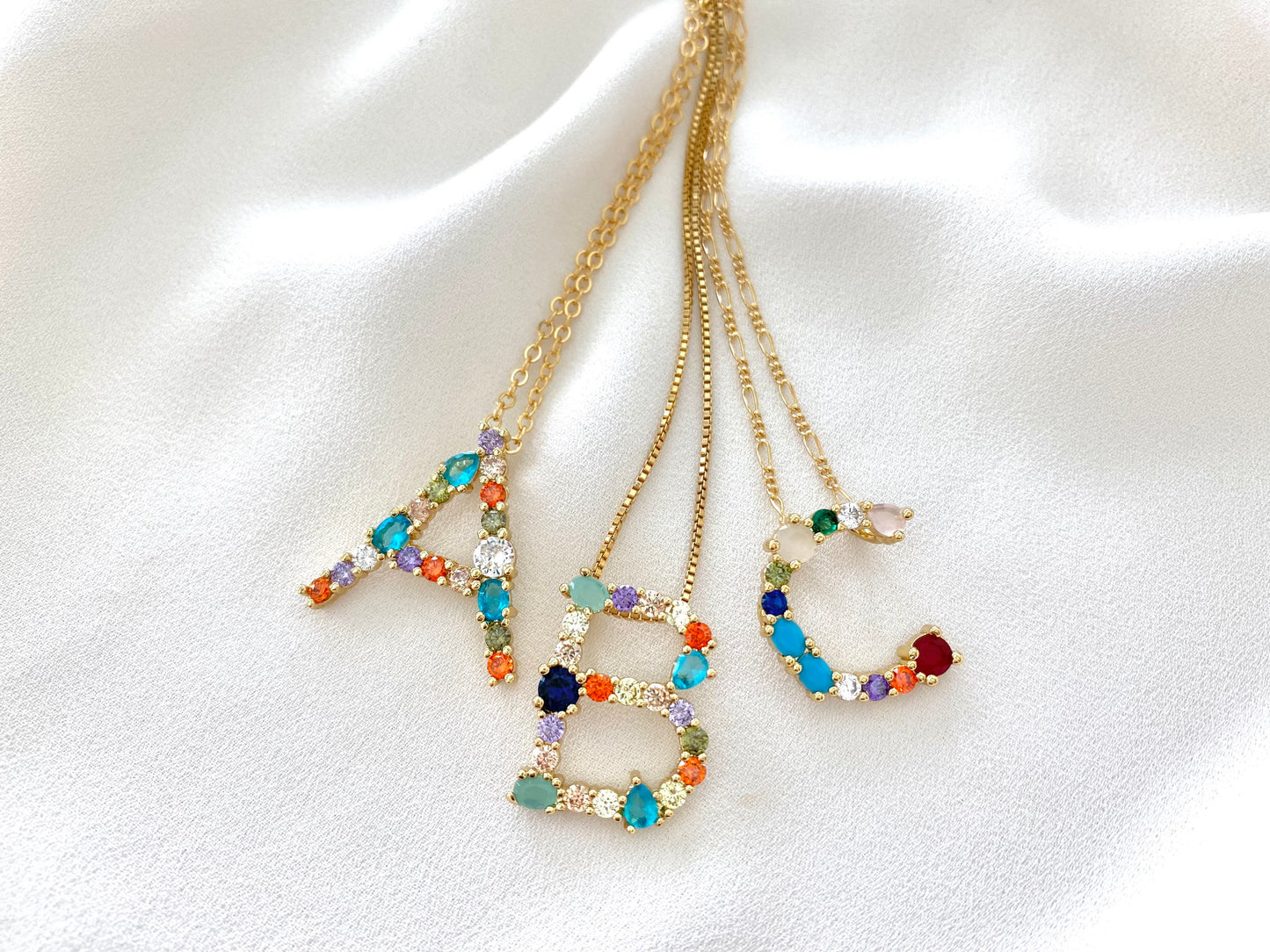 Rainbow Colored Crystal Initial Pendant Necklace