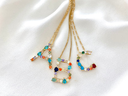 Rainbow Colored Crystal Initial Pendant Necklace