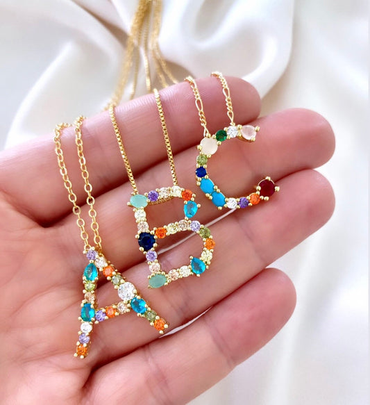 Rainbow Colored Crystal Initial Pendant Necklace