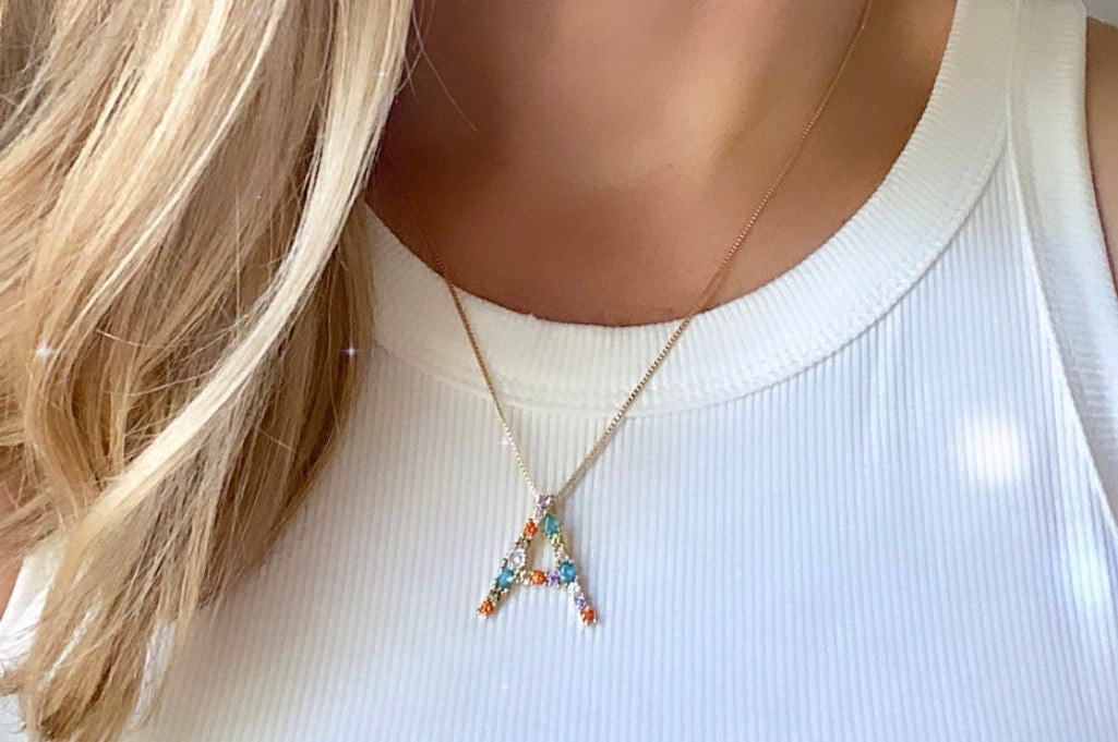 Rainbow Colored Crystal Initial Pendant Necklace