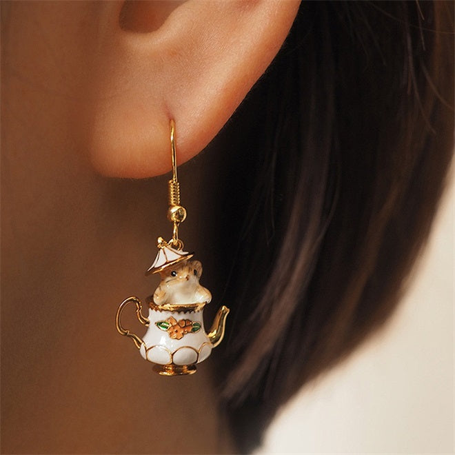 Chipmunk In Teapot - Elegant Funny Necklace & Earrings