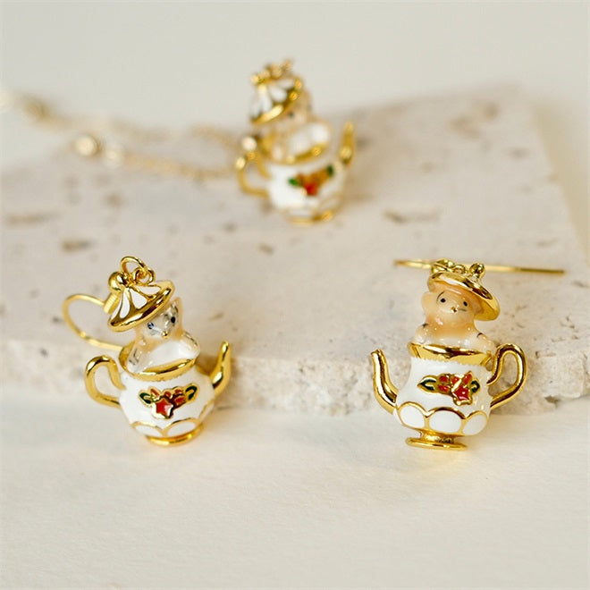 Chipmunk In Teapot - Elegant Funny Necklace & Earrings