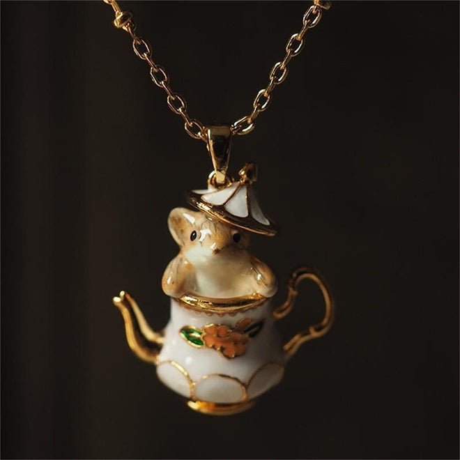 Chipmunk In Teapot - Elegant Funny Necklace & Earrings