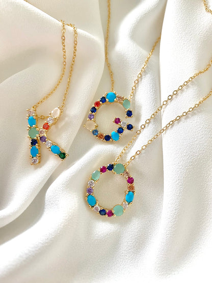 Rainbow Colored Crystal Initial Pendant Necklace