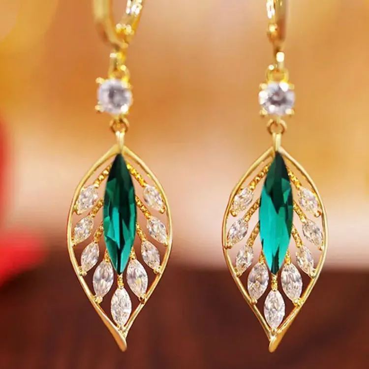 - Green Crystal Leaf Zircon Earrings