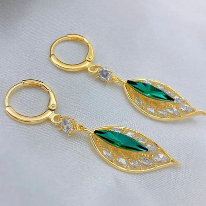 - Green Crystal Leaf Zircon Earrings
