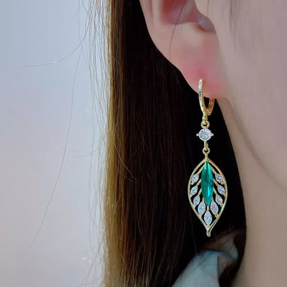- Green Crystal Leaf Zircon Earrings