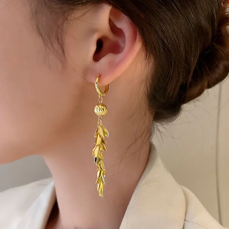 - Gold Leaf Lucky Beads Tassel Earrings