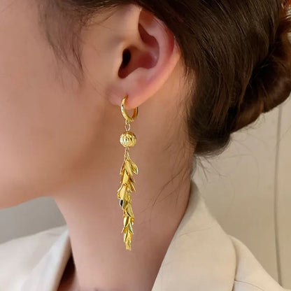 - Gold Leaf Lucky Beads Tassel Earrings