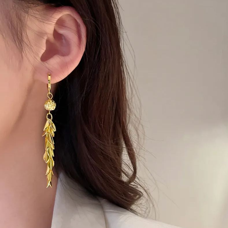 - Gold Leaf Lucky Beads Tassel Earrings