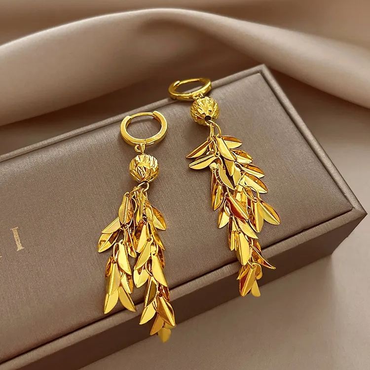 - Gold Leaf Lucky Beads Tassel Earrings