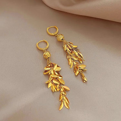 - Gold Leaf Lucky Beads Tassel Earrings