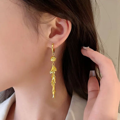 - Gold Leaf Lucky Beads Tassel Earrings