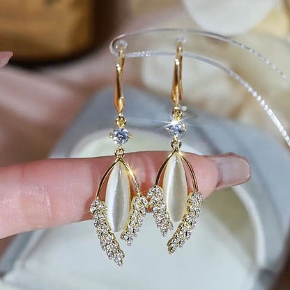 - Cat's Eye Stone Leaf Earrings