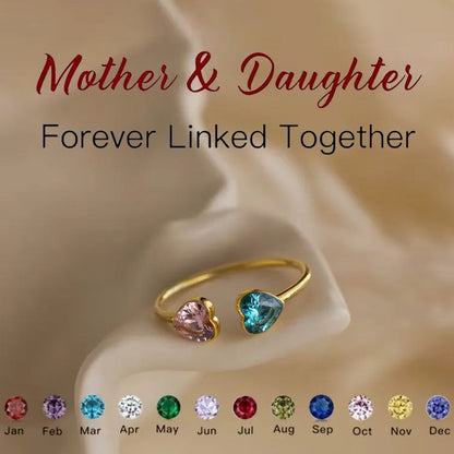 MOTHER AND DAUGHTER FOREVER LINK DOUBLE HEART CUSTOM BIRTHSTONE RING