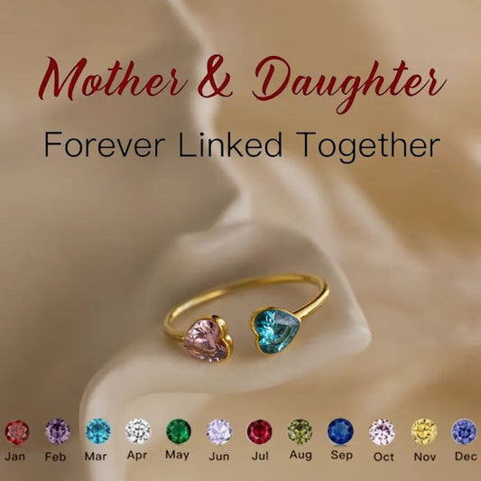 MOTHER AND DAUGHTER FOREVER LINK DOUBLE HEART CUSTOM BIRTHSTONE RING