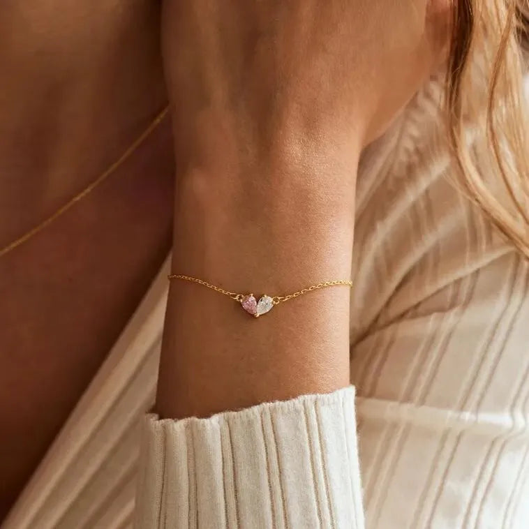 MOTHER AND DAUGHTER FOREVER LINKED TOGETHER CUSTOM HEART BIRTHSTONES BRACELET