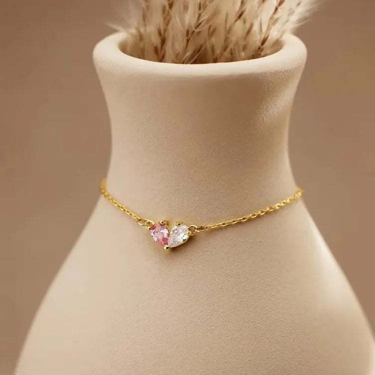 MOTHER AND DAUGHTER FOREVER LINKED TOGETHER CUSTOM HEART BIRTHSTONES BRACELET