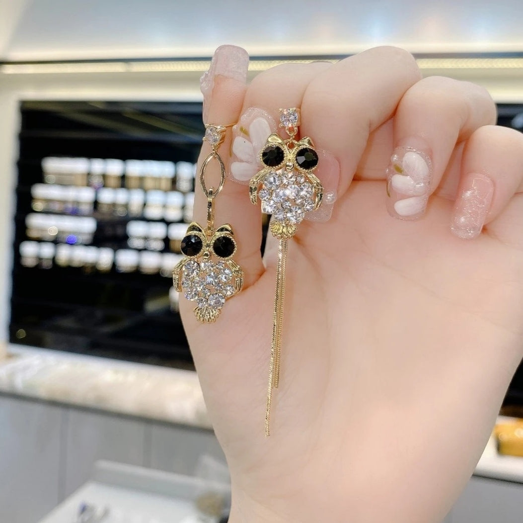 🦉Asymmetrical Owl Zircon Tassel Earrings