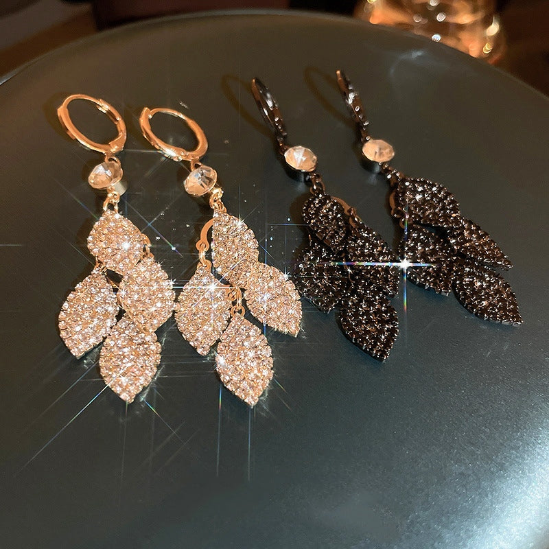 Diamond-Studded Leaves Tassel Earring