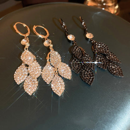 Diamond-Studded Leaves Tassel Earring