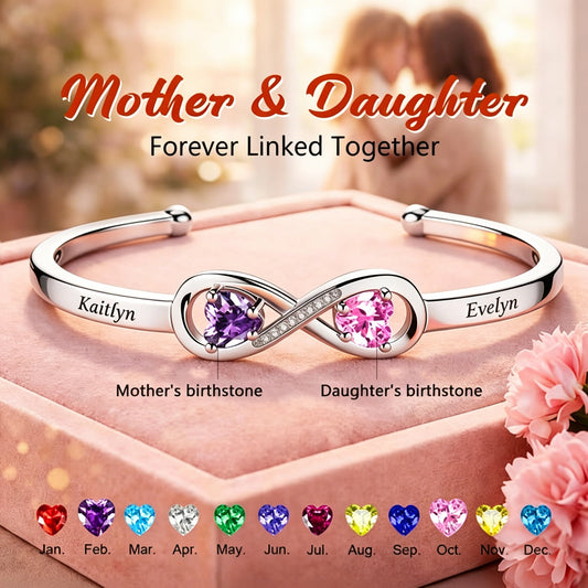 Personalized Infinity Double Heart Birthstones Cuff Bracelet with Engraved Name
