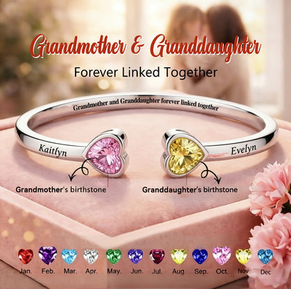 Grandmother And Granddaughter Double Heart Custom Birthstone&Name Bracelet