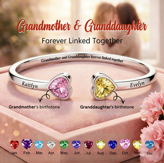 Grandmother And Granddaughter Double Heart Custom Birthstone&Name Bracelet