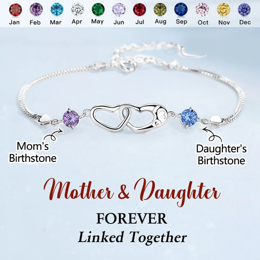 Mother And Daughter Birthstone Custom Double Diamond & Heart Bracelet