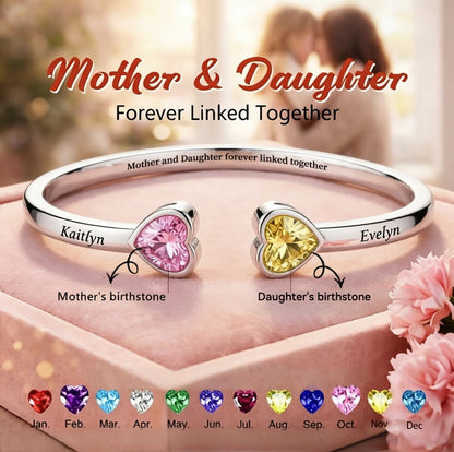 Mother And Daughter Double Heart Custom Birthstone&Name Bracelet
